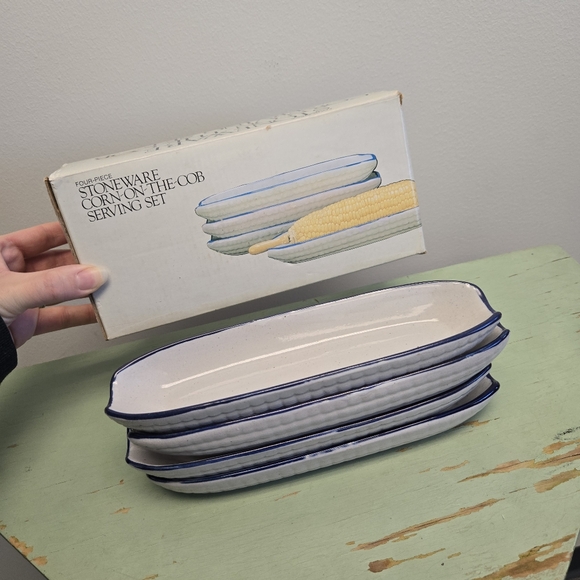Other - White Blue Glazed Stoneware Corn Cob Serving Set of 4 Vintage